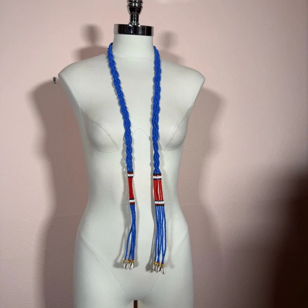 Vintage southwestern red blue Beaded Belt necklace shell tassels adjustable